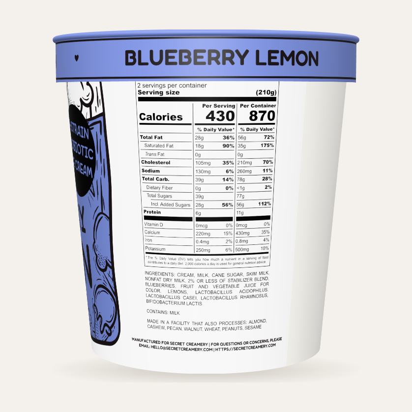 Secret Creamery Blueberry Lemon — Probiotic 16 oz pint — 4-strain probiotic ice cream — nutrition facts