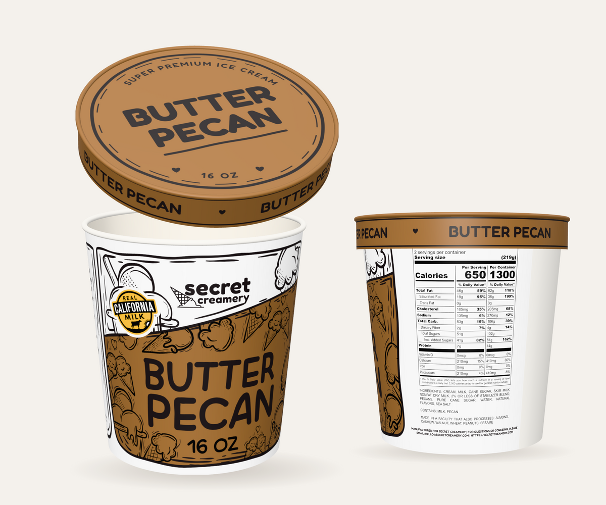 Secret Creamery Butter Pecan 16 oz pint — super premium ice cream — multi-view