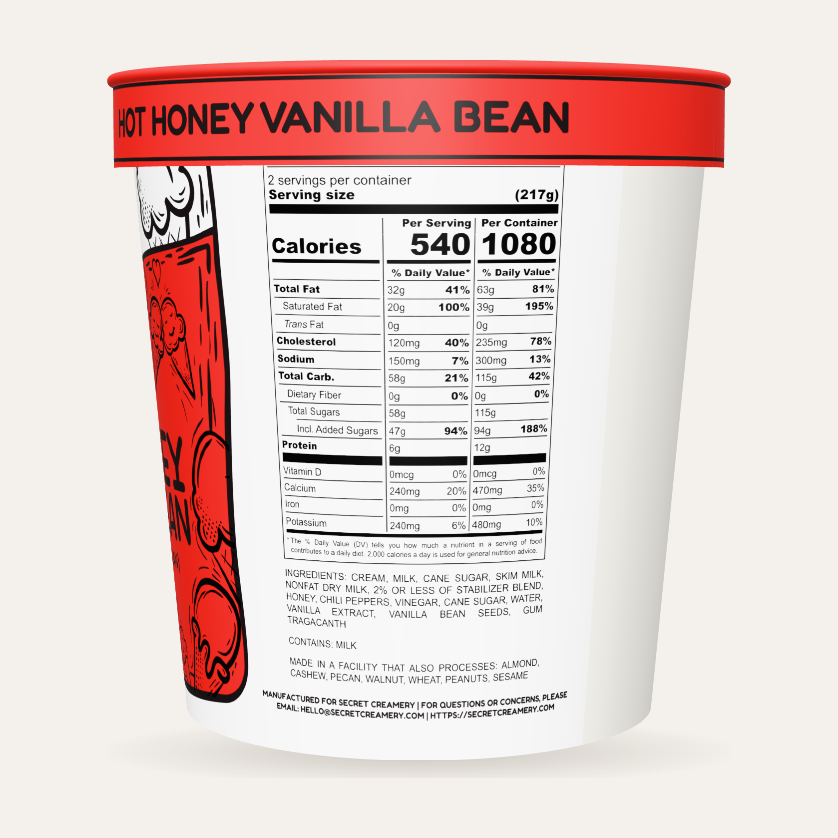 Secret Creamery Hot Honey Vanilla Bean 16 oz pint — super premium ice cream — nutrition facts