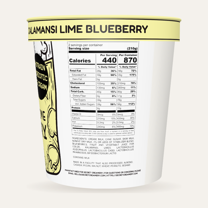 Secret Creamery Calamansi Lime Blueberry — Probiotic 16 oz pint — 4-strain probiotic ice cream — nutrition facts