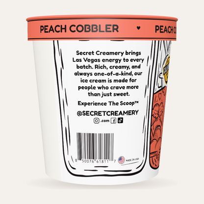 Secret Creamery Peach Cobbler 16 oz pint — super premium ice cream — story side