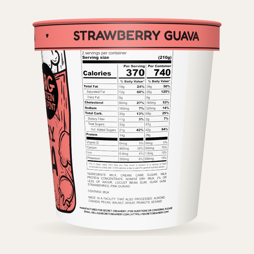 Secret Creamery Strawberry Guava — High Protein 16 oz pint — high protein ice cream (30g protein) — nutrition facts