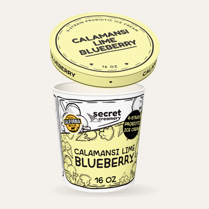 Secret Creamery Calamansi Lime Blueberry — Probiotic 16 oz pint — 4-strain probiotic ice cream — lid off