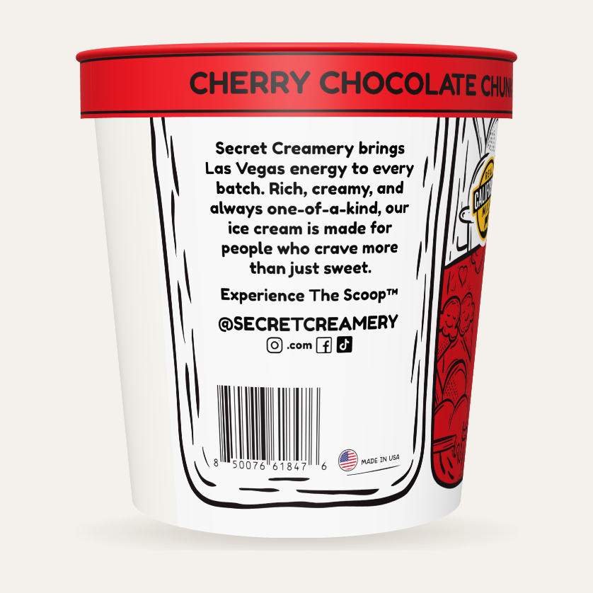 Secret Creamery Cherry Chocolate Chunk — High Protein 16 oz pint — high protein ice cream (30g protein) — story side