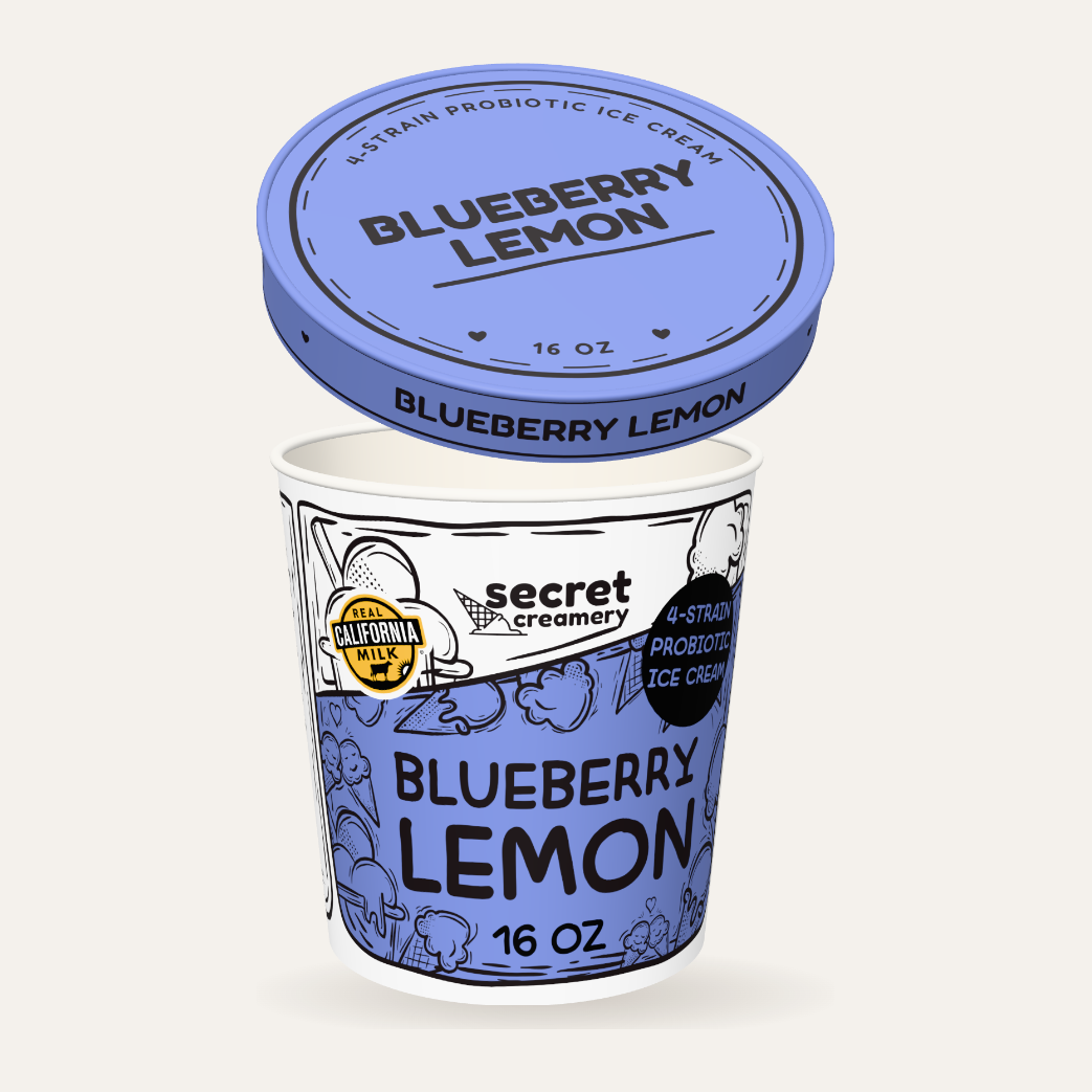 Secret Creamery Blueberry Lemon — Probiotic 16 oz pint — 4-strain probiotic ice cream — lid off