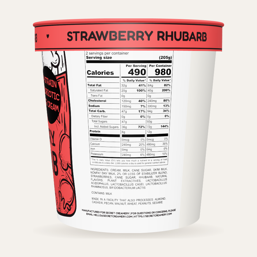 Secret Creamery Strawberry Rhubarb — Probiotic 16 oz pint — 4-strain probiotic ice cream — nutrition facts