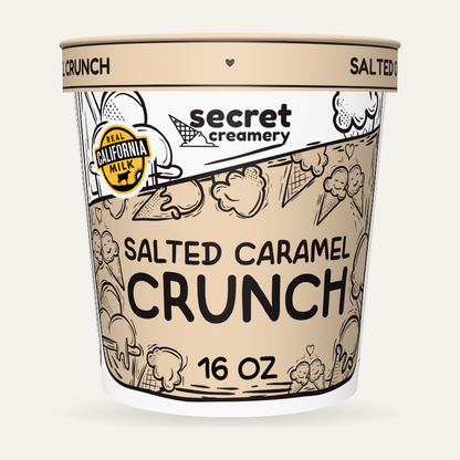 Secret Creamery Salted Caramel Crunch 16 oz pint — super premium ice cream — front