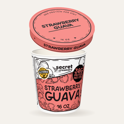 Secret Creamery Strawberry Guava — High Protein 16 oz pint — high protein ice cream (30g protein) — lid off