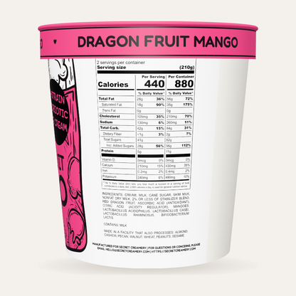 Secret Creamery Dragon Fruit Mango — Probiotic 16 oz pint — 4-strain probiotic ice cream — nutrition facts