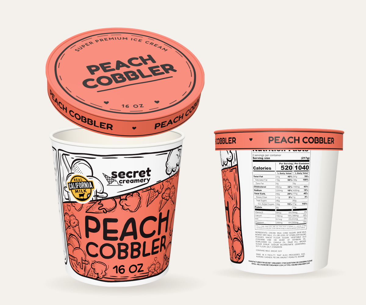 Secret Creamery Peach Cobbler 16 oz pint — super premium ice cream — multi-view