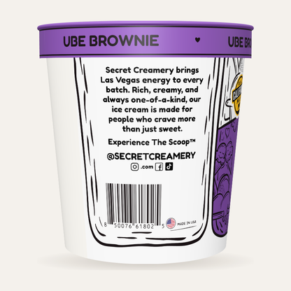 Secret Creamery Ube Brownie 16 oz pint — super premium ice cream — story side