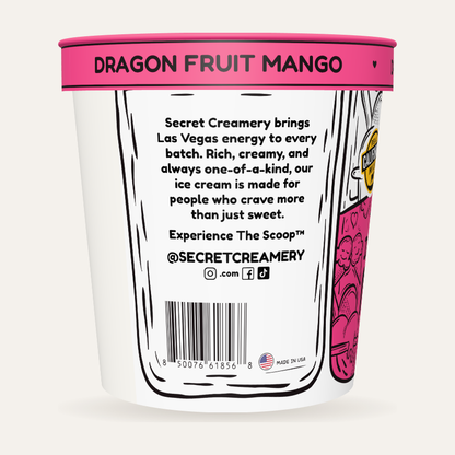 Secret Creamery Dragon Fruit Mango — Probiotic 16 oz pint — 4-strain probiotic ice cream — story side