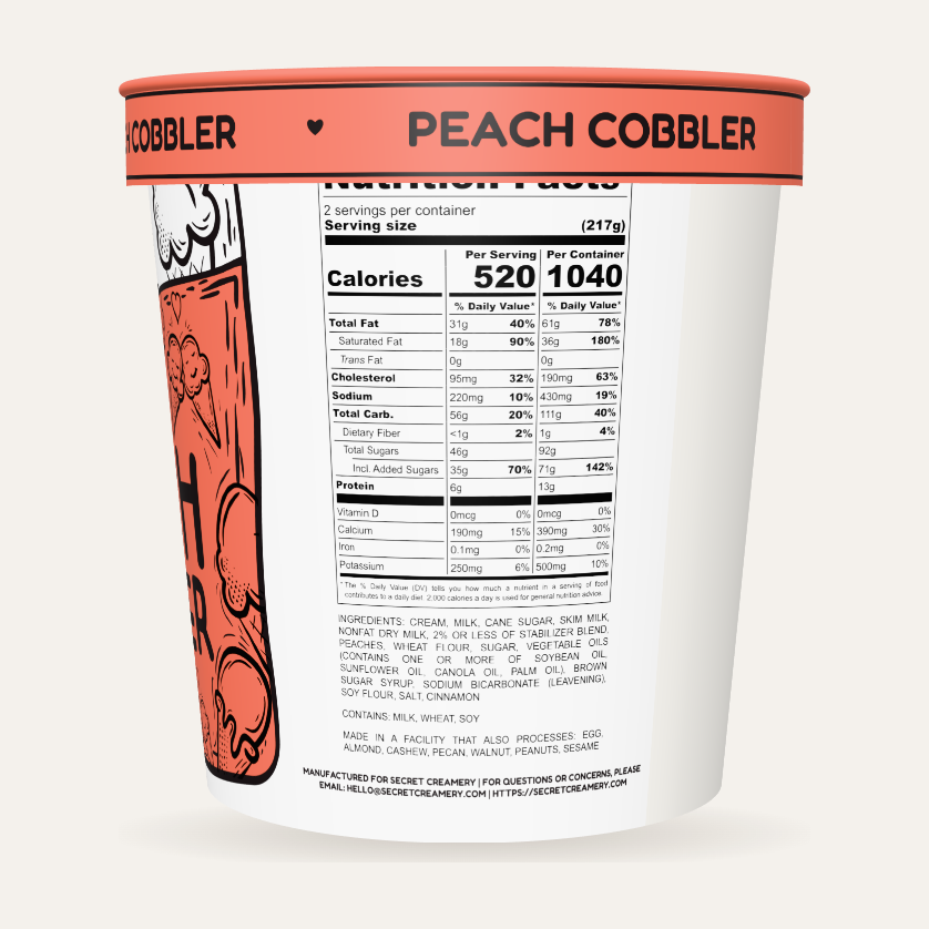 Secret Creamery Peach Cobbler 16 oz pint — super premium ice cream — nutrition facts