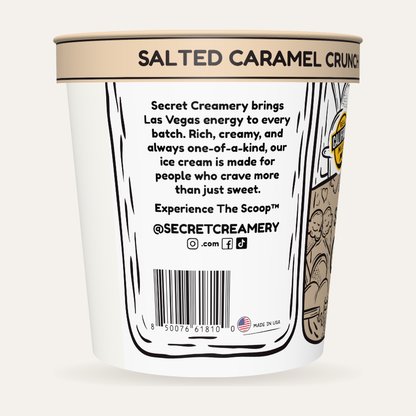 Secret Creamery Salted Caramel Crunch 16 oz pint — super premium ice cream — story side
