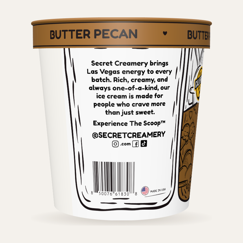 Secret Creamery Butter Pecan 16 oz pint — super premium ice cream — story side