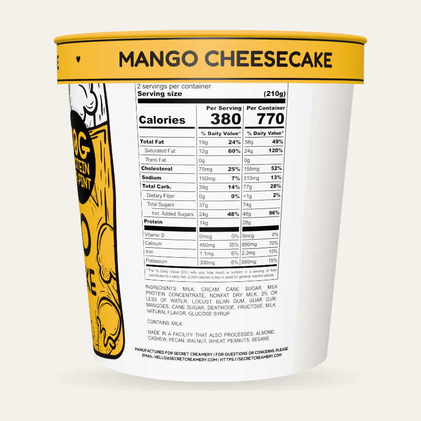 Secret Creamery Mango Cheesecake — High Protein 16 oz pint — high protein ice cream (30g protein) — nutrition facts