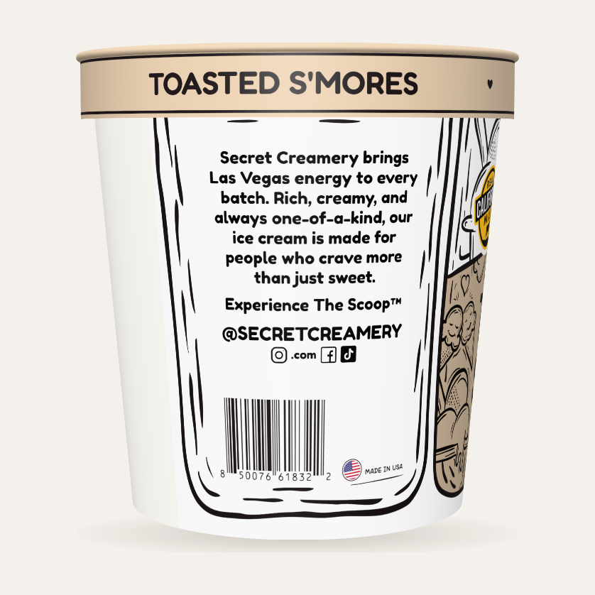 Secret Creamery Toasted S'mores 16 oz pint — super premium ice cream — story side